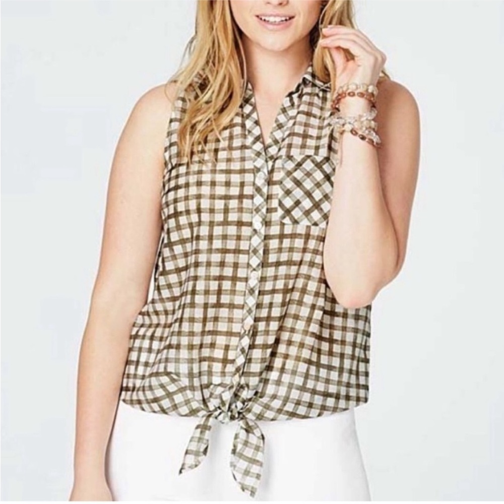 J.Jill Olive Plaid Sleeveless Silk Cotton Tie Front Button Down Shirt S Preppy‎